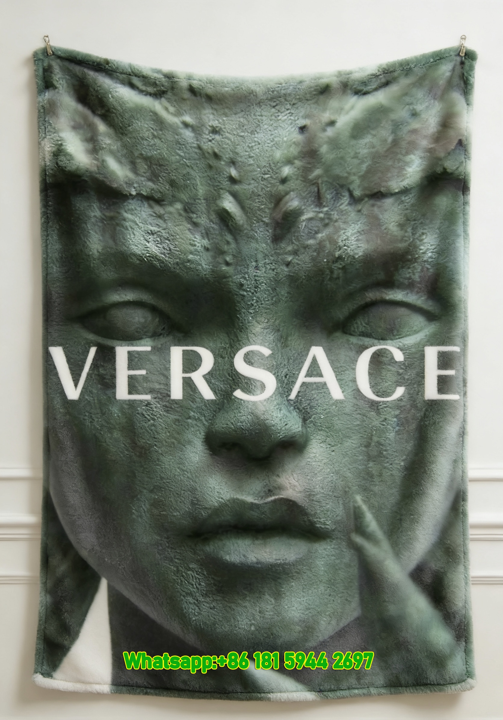 Versace Green Bronze Medusa Sculpture Print Flannel Sofa Throw Blanket IMG_1409